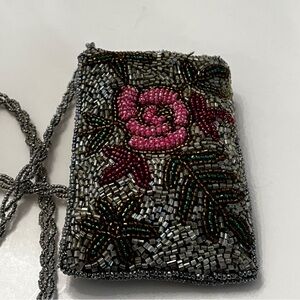 Beaded Floral Crossbody Bag in Black and Pink